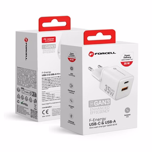 FORCELL F-ENERGY Mini GaN III VT-35C kelioninis įkroviklis su 1 x Type C + 1x USB A lizdais, PD QC4.0 35W baltas