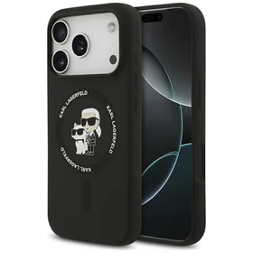 Karl Lagerfeld Silikoninis Karl&Choupette Žiedinis Magnetinis dėklas telefonui iPhone 17 Pro Max - juoda