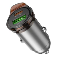 Automobilinis įkroviklis Hoco USB A + USB C QC3.0 PD 43W + kabelis USB C į USB C NZ16A metalinis pilkas