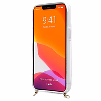 Guess GUHCP13SKC4GBGO iPhone 13 mini 5.4" skaidrus kietasis dėklas 4G rudos spalvos dirželiu ir auksine grandinėle