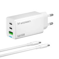 Wozinsky GaN 65W įkroviklis su USB-A ir 2xUSB-C jungtimis bei 65W USB-C kabeliu - baltas
