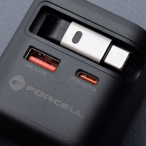FORCELL F-ENERGY GaN III VT-R7 kelioninis įkroviklis su ištraukiamu kabeliu Type C ir 1x Type C, 1x USB A įkrovimo prievadais PD QC4.0 3A 70W pilkas