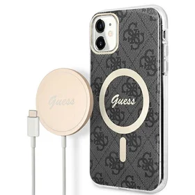 Rinkinys Guess GUBPN61H4EACSK Dėklas+Įkroviklis iPhone 11 6.1" juodas/juodas kietas dėklas 4G Spauda Magnetinis