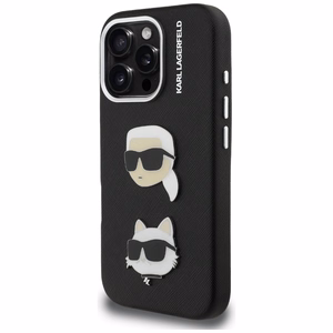 Karl Lagerfeld FW Grained Karl & Choupette Heads Pins Dėklas iPhone 16 Pro - juodas