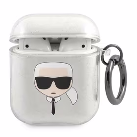 Karl Lagerfeld blizgus Karl's Head dėklas AirPods 1/2 ausinėms - sidabrinis