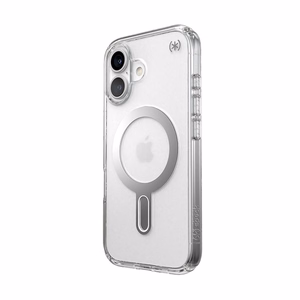 Speck Presidio Perfect-Clear dėklas su MagSafe ir ClickLock, skirtas iPhone 16, „Clear/Chrome“