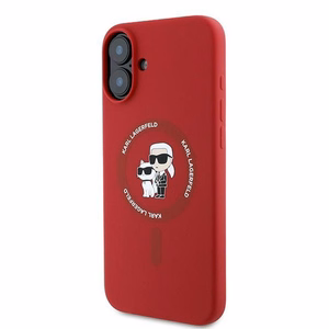 Karl Lagerfeld silikoninis Magnetinis dėklas telefonui iPhone 16 Plus su Karl & Choupette galvų žiedu - raudona