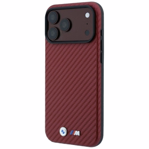 BMW dėklas, skirtas iPhone 18 Pro / 17 Pro: (Carbon Metal Logo), suderinamas su MagSafe, spalva – bordo