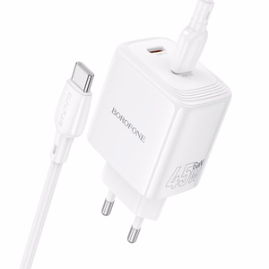 Borofone sieninis įkroviklis BN31 Cargador GaN - 2x Type C - QC 3.0 PD 45W su Type C į Type C kabeliu baltas