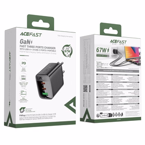 Acefast A108 GaN PD sieninis įkroviklis, 67 W, 2 × USB-C, 1 × USB-A, juodas