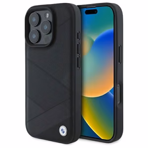BMW ženklas odinis kryžminių linijų raštas iPhone 16 Pro Max dėklas - juodas