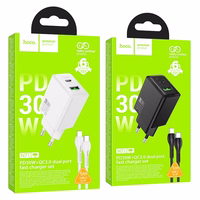 Įkroviklis telefonui Hoco USB A + USB C QC3.0 PD AFC 3A 30W + kabelis USB C į USB C N71 baltas