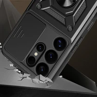 Hibridinis šarvuotas Camshield su kameros dangteliu ir metaliniu žiedu Samsung Galaxy S25 Ultra - juodas