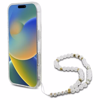 Guess IML Blizgantis su perlo dirželiu Magnetinis dėklas telefonui iPhone 16 Plus - skaidrus