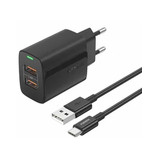 Foneng Sieninis įkroviklis EU63 - 2x USB - 12W su USB-C kabeliu juodas
