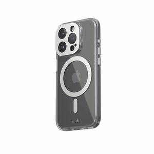 Moshi iGlaze MagSafe dėklas, skirtas iPhone 15 Pro, skaidrus su „Luna Silver“ spalvos detalėmis