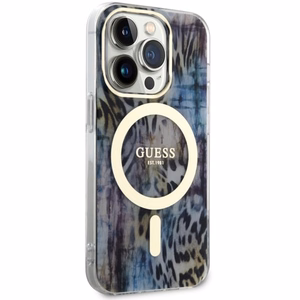Guess GUHMP14XHLEOPWB iPhone 14 Pro Max 6.7" mėlynas kietas dėklas Leopard Magnetinis
