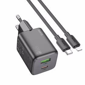 Įkroviklis Hoco USB A + USB C QC PD 3A 20W + kabelis USB C į Lightning N41 juodas