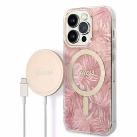 Rinkinys Guess GUBPP14LHJEACSP Dėklas+ Įkroviklis iPhone 14 Pro 6,1" rožinis hard dėklas Jungle MagSafe