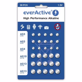 30 vnt. everActive mini šarminių baterijų rinkinys 10 x G3 / LR41, 5 x G4 / LR626, 5 x G10 / LR1130, 10 x G13 / LR1154