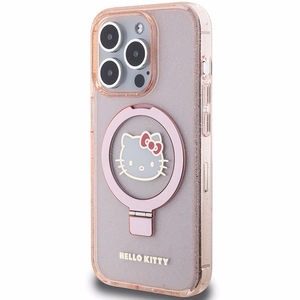 Hello Kitty žiedinis stovas blizgus Electrop Logo magnetinis dėklas telefonui iPhone 15 Pro - rožinis