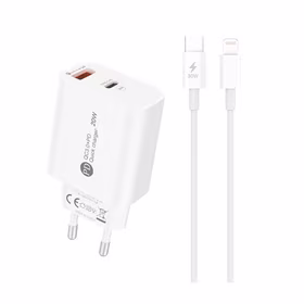 A6MaxL 20W USB-A USB-C sieninis įkroviklis su 1m USB-C - Lightning kabeliu – baltas