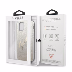 Guess GUHCP12LPCUGLSGO iPhone 12 Pro Max 6.7" auksinis kietasis dėklas Glitter Gradient Script