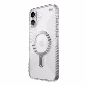 Speck Presidio Perfect-Clear Grip ClickLock & MagSafe dėklas, skirtas iPhone 16 Plus, skaidrus / chromo apdaila / „Serene Silver“