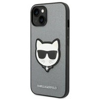 Karl Lagerfeld Saffiano Choupette Head Patch dėklas telefonui iPhone 14 Plus - sidabrinis
