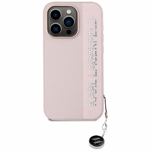 Karl Lagerfeld Saffiano su kristalais ir žavesio dėklas telefonui iPhone 15 Pro Max - rožinis