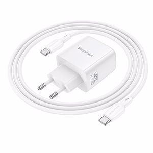 Borofone BN33 Fuente GaN USB-C tinklo įkroviklis QC3.0 PD 40W su USB-C laidu baltas