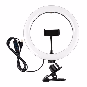 LED žiedinis šviestuvas 26cm su telefono laikikliu ir tvirtinimo spaustuvu, USB
