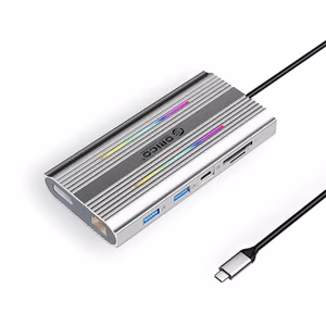 Orico XDR 12 viename RGB USB-C prijungimo stotelė USB-A USB-C 2x HDMI 4K 60Hz DisplayPort 4K 60Hz RJ45 Gigabit PD 100W SD ir microSD kortelių skaitytuvas - sidabrinė