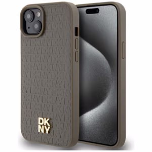 DKNY Leather Pattern Metal Logo MagSafe Case for iPhone 15 Plus / 14 Plus - Brown