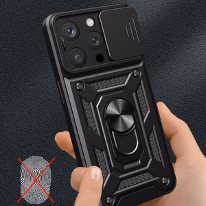 Hibridinis šarvuotas Camshield iPhone 15 Pro dėklas su stovu ir kameros dangteliu - mėlynas