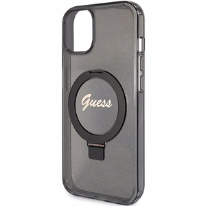 Guess dėklas telefonui su stovu Ring Stand Script Glitter magnetinis iPhone 15 Plus / 14 Plus - juodas