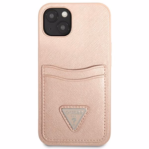 Guess GUHCP13MPSATPP iPhone 13 6.1 dėklas telefonui, rožinis, kietas, Saffiano trikampio logotipu ir kortelių skyriumi