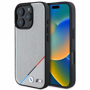 BMW M perforuota trispalvė linija Magnetinis dėklas iPhone 16 Pro - pilkas
