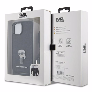 Karl Lagerfeld kryžminis Saffiano monograma metalinis ženkliukas Karl & Choupette dėklas telefonui iPhone 15 - juodas