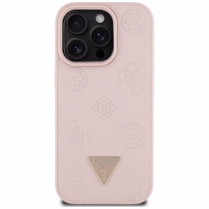 Guess Grained Hot Stamp Peony trikampio logotipo magnetinis dėklas telefonui iPhone 16 Pro - rožinis