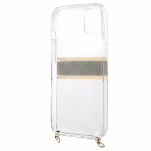 Guess GUHCP13SKC4GBGO iPhone 13 mini 5.4" skaidrus kietasis dėklas 4G rudos spalvos dirželiu ir auksine grandinėle