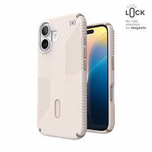 Speck Presidio2 Grip dėklas su MagSafe ir ClickLock, skirtas iPhone 16, „Bleached Bone/Heirloom Gold“