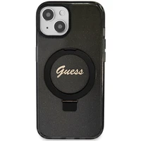 Guess dėklas telefonui su stovu Ring Stand Script Glitter magnetinis iPhone 15 Plus / 14 Plus - juodas