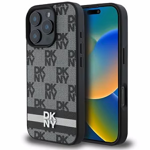 DKNY patikrinto rašto ir spausdintų dryžių dėklas telefonui iPhone 16 Pro Max - juodas