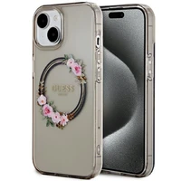 Guess IML Flowers Wreath MagSafe dėklas telefonui iPhone 15 / 14 / 13 - juodas