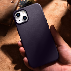 Чехол iCarer Leather из натуральной кожи для iPhone 14 Plus тёмно-фиолетовый (совместим с MagSafe)