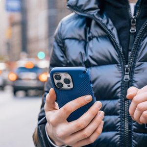 Speck Presidio2 Grip case for iPhone 15 Plus / 14 Plus, with non-slip grip, Coastal Blue / Black / White