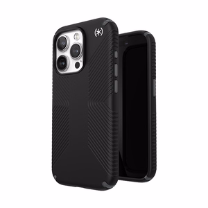 Speck Presidio2 Grip MagSafe dėklas, skirtas iPhone 15 Pro, juodas su skalūno pilkos spalvos detalėmis