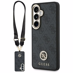 Guess 4G Big Rhinestone Triangle Strap MagSafe dėklas + dirželis Samsung Galaxy S26 juodas