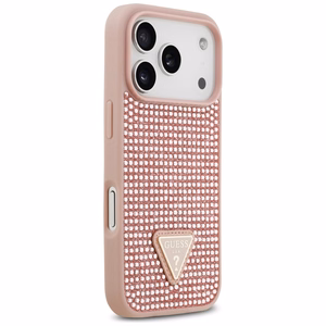 Guess dėklas telefonui iPhone 17 Pro su krištolinio trikampio logotipu - rožinis